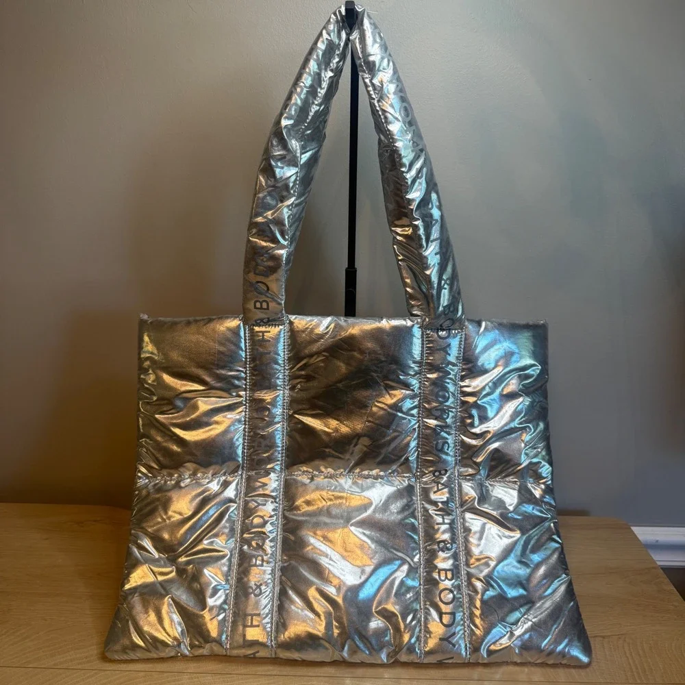 Bath & Body Works Silver Metallic Puffer Tote Bag Quilted Logo Straps Large